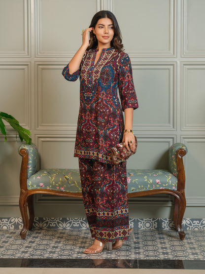 Ajrak Printed Mandarin Collar Neck Top With Trousers Co-Ords