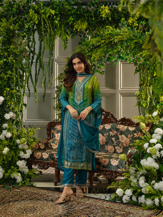 Teal Digital Print Kurta Set with Heavy Handwork