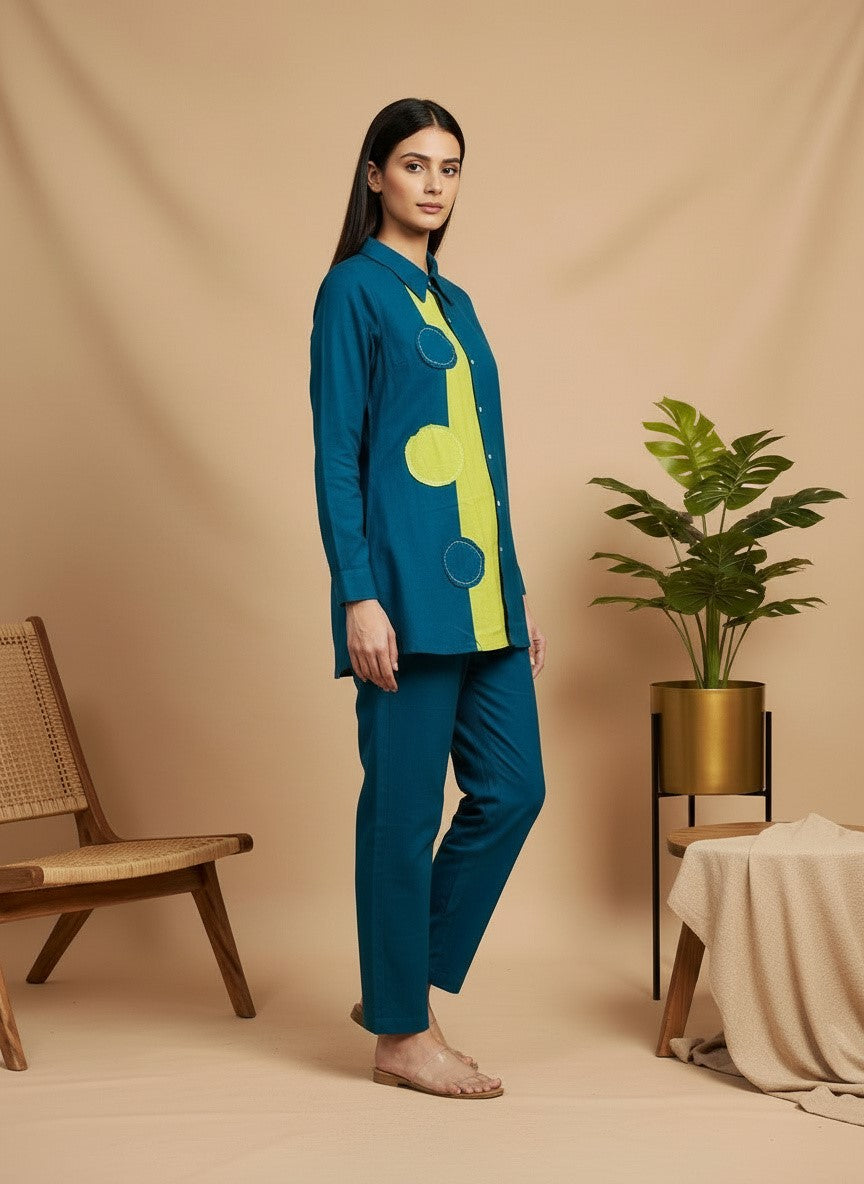 Colorblock Cotton Shirt Co-Ord Set with Patch Work Detailing