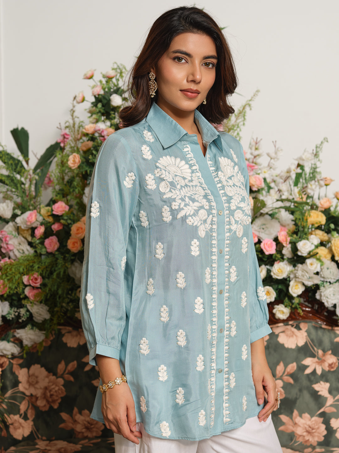 Embroidered Shirt Collar Kurta with Three-Quarter Sleeves