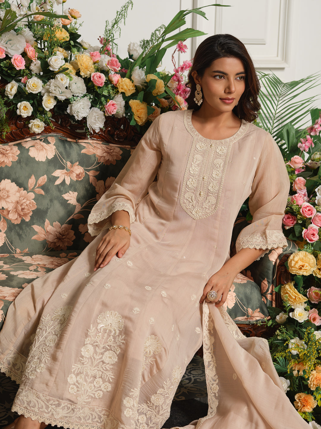 Beige Embroidered Anarkali Kurta Set with Matching Trousers and Embroidered Dupatta in Chanderi Silk Fabric