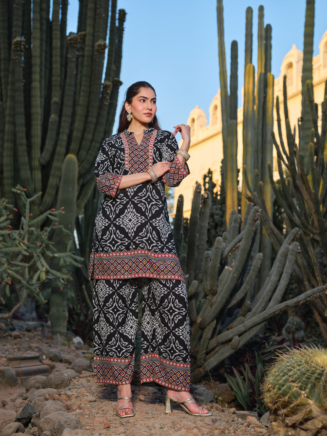 Printed Mandarin Collar Top & Palazzos Co-Ords