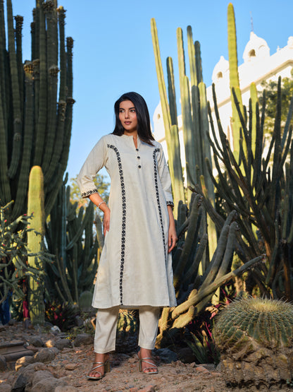 Embroidered Pure Cotton Mandarin Collar A-Line Kurta & Trousers