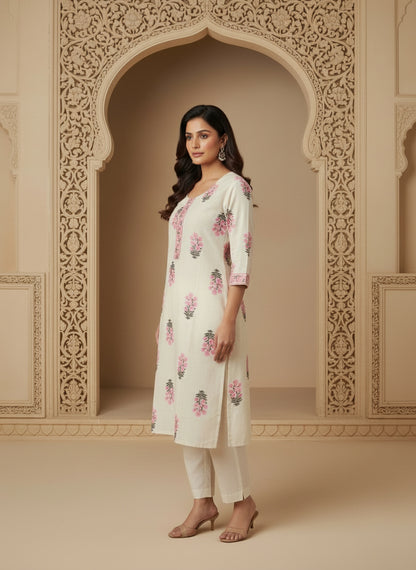 Printed Cotton V-Neck Calf Length Straight Kurta