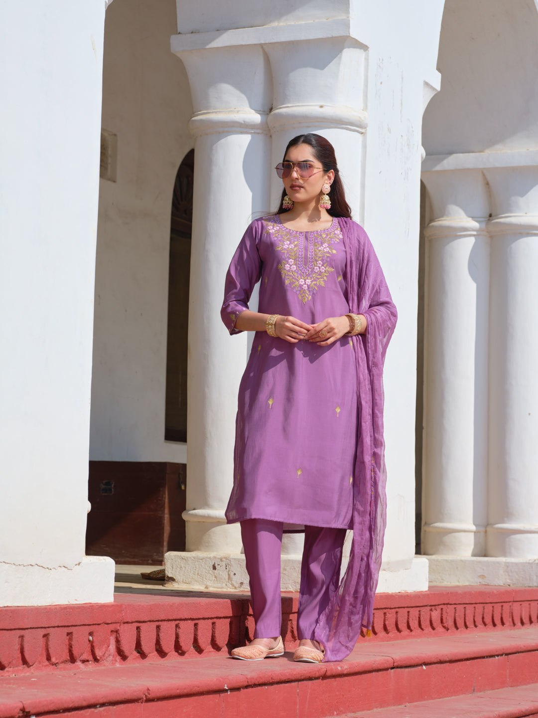 Embroidered Round Neck Straight Kurta & Trousers With Dupatta