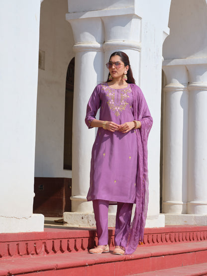 Embroidered Round Neck Straight Kurta & Trousers With Dupatta