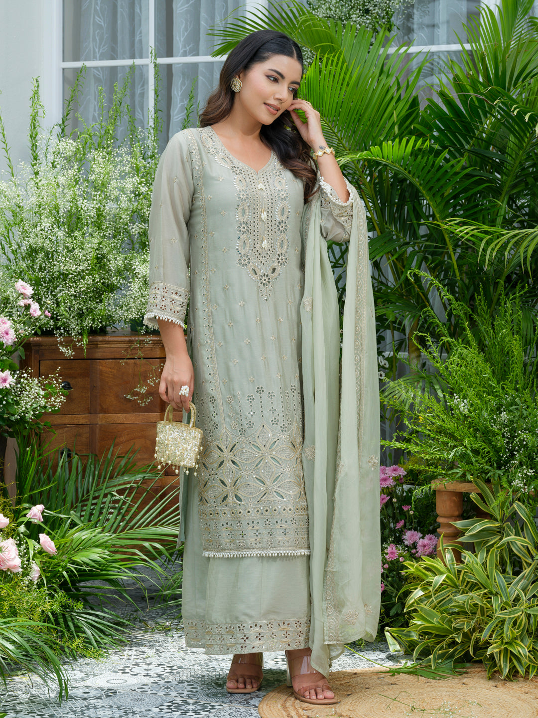 Embroidered Mirror and Cut Work Pakistani Kurta with Trouser and Dupatta Set