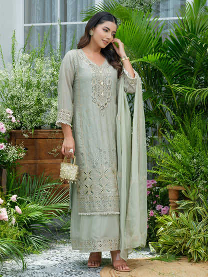 Embroidered Mirror and Cut Work Pakistani Kurta with Trouser and Dupatta Set