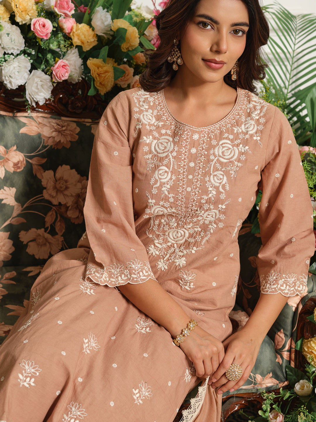 Printed Pure Cotton Kurta Set with Palazzo and Dupatta Straight Fit Long Kurta Calf Length Round Neck Slip On Casual Ethnic Wear
