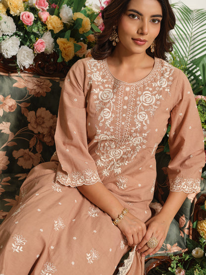 Printed Pure Cotton Kurta Set with Palazzo and Dupatta Straight Fit Long Kurta Calf Length Round Neck Slip On Casual Ethnic Wear