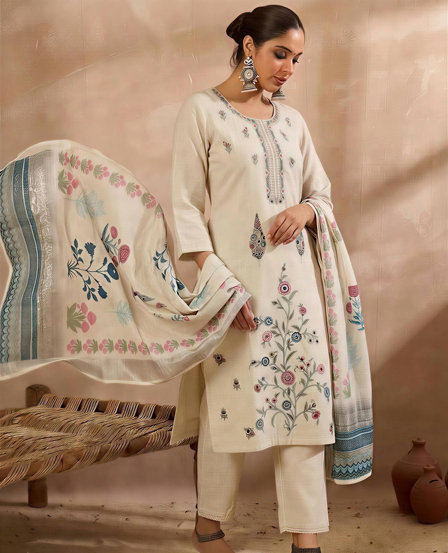 Off-White Embroidered Kurta Set with Trousers and Printed Dupatta for Women