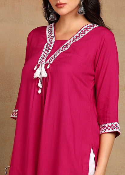 Pink Rayon Slub Kurti with White Embroidered Lace Detailing