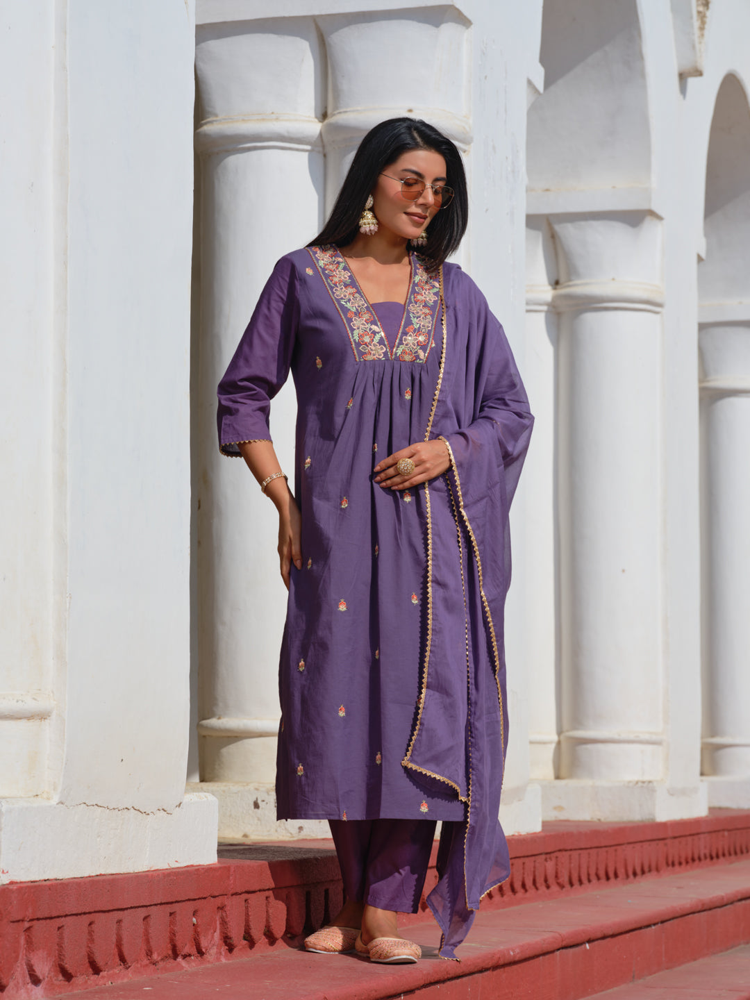 Printed V-Neck Kurta & Trousers With Dupatta