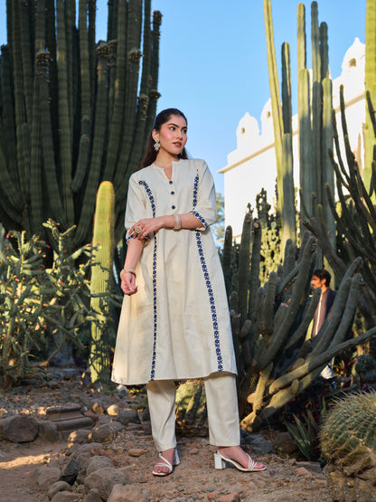 Embroidered Pure Cotton Mandarin Collar A-Line Kurta & Trousers
