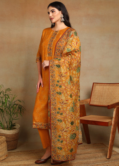 Women's Yellow Ethnic Motif Printed Kurta with Kantha & Sequin Work, Paired with Trousers and Dupatta