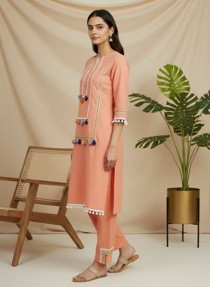 Striped Peach Cotton Co-Ord Set with Zig-Zag Lace Pom-Pom Hem & Tassel Detailing