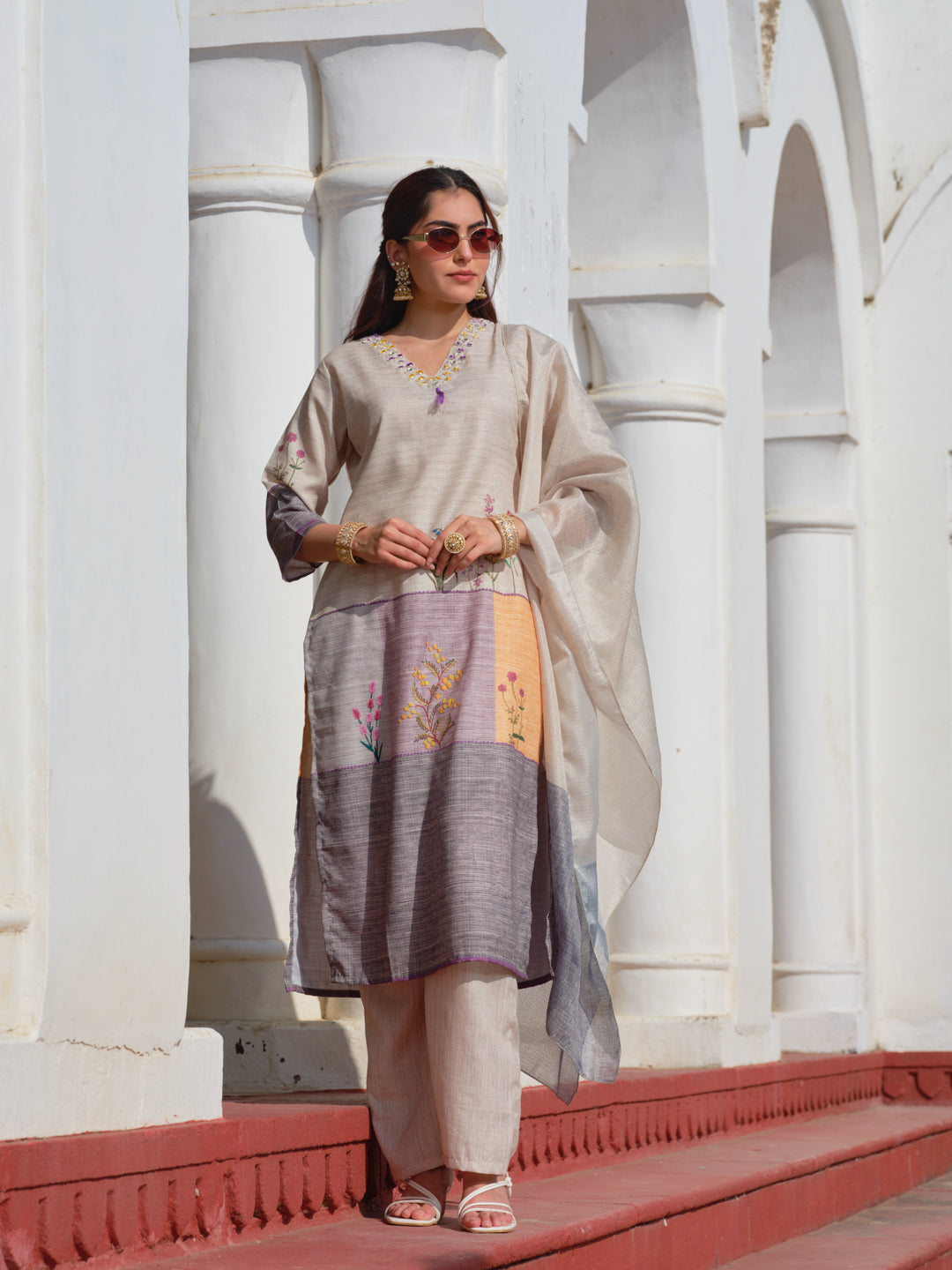 Embroidered V-Neck Kurta Sets