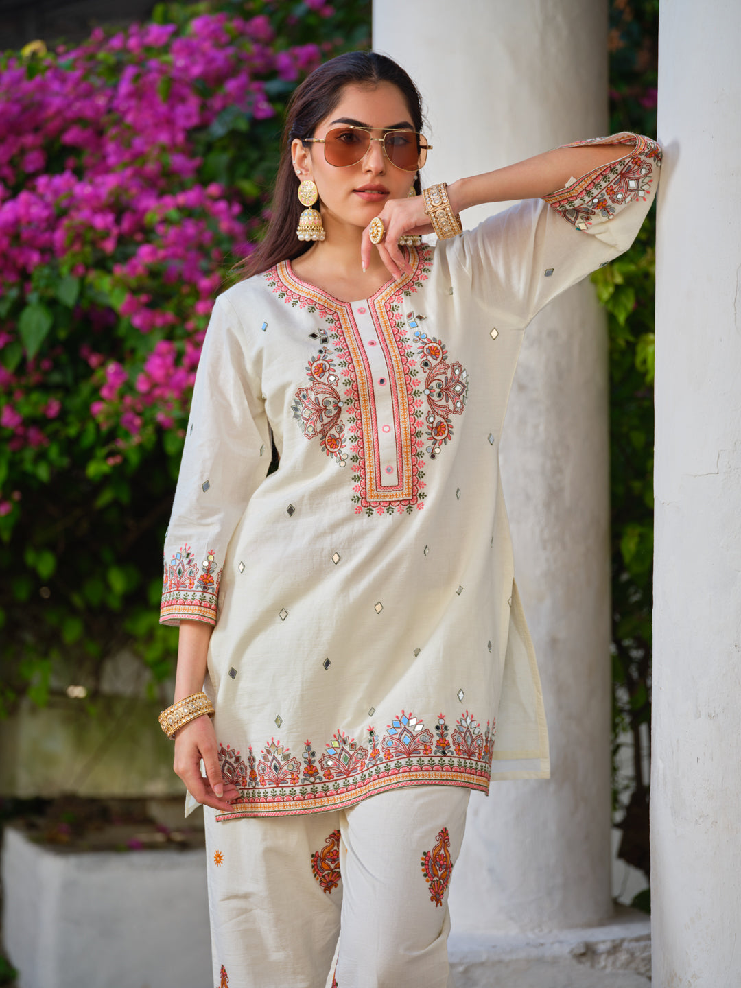 Embroidered Round Neck Top & Trousers Co-Ords Set