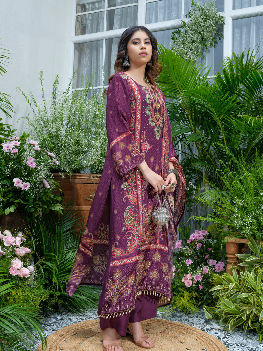 Purple Crepe Embroidered Pakistani Style Kurta Set with Dupatta – Mirror & Shell Work