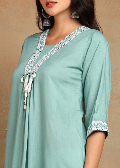 Sky-BlueRayon Slub Kurti with White Embroidered Lace Detailing