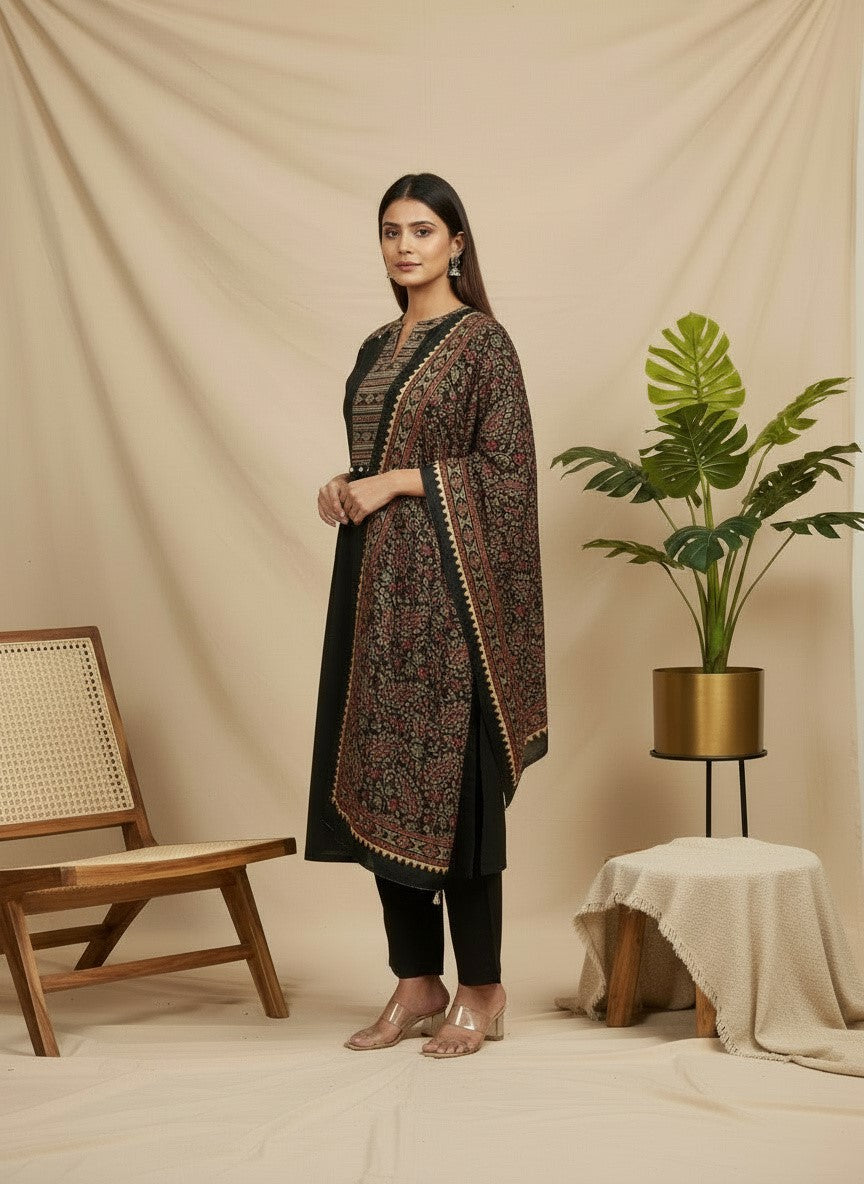 Black Kalamkari Printed Kurta Set with Intricate Ethnic Yoke & Heritage Dupatta