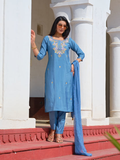 Embroidered Round Neck Straight Kurta & Trousers With Dupatta