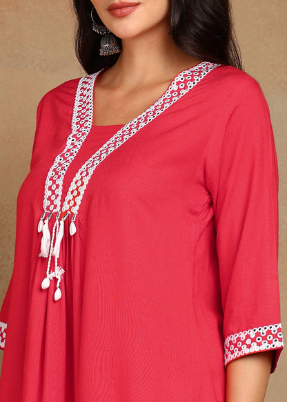 Red Rayon Slub Kurti with White Embroidered Lace Detailing