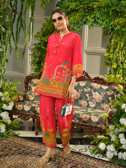 Red Digital Print Co-ord Set with Heavy Handwork