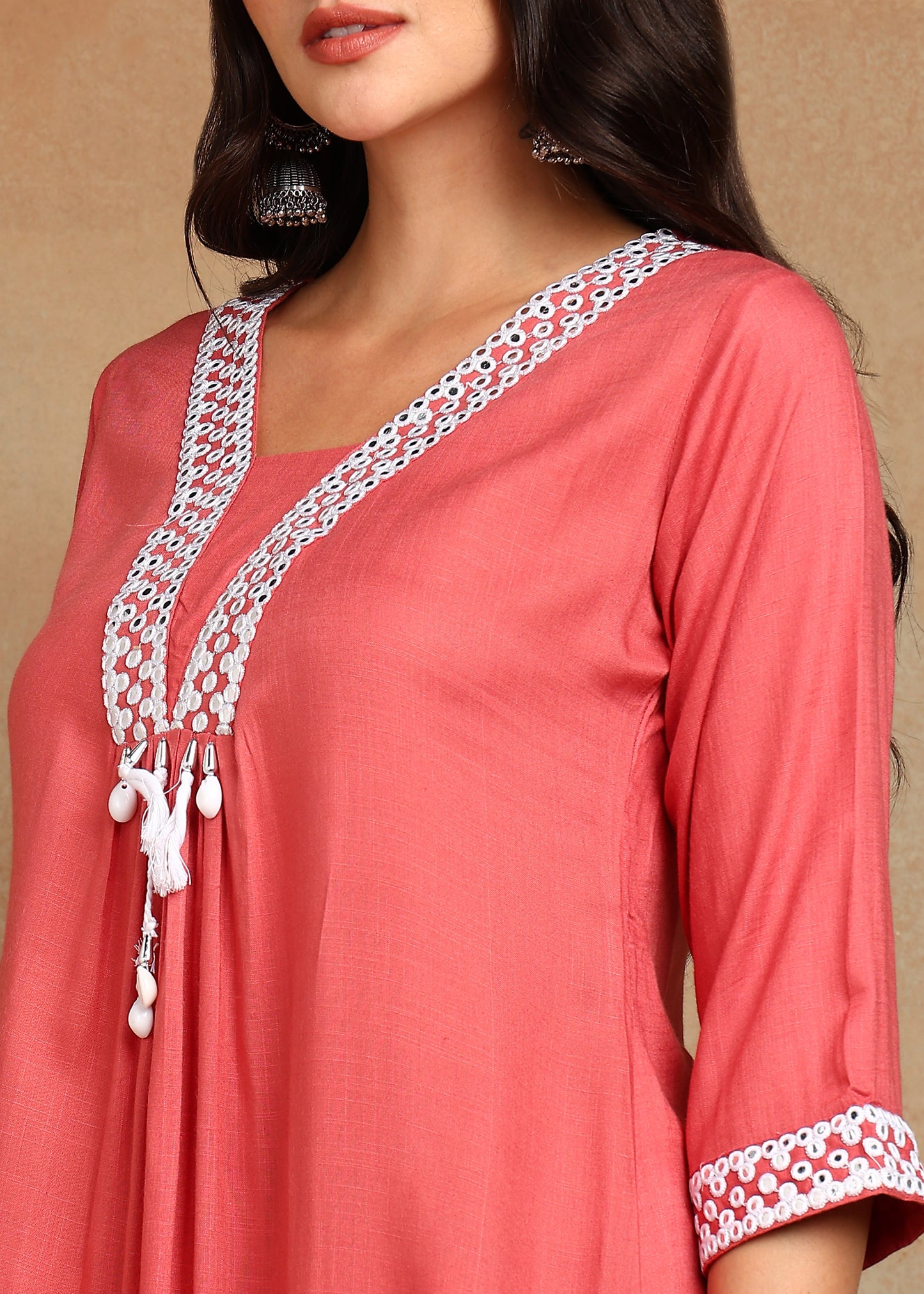 Peach Rayon Slub Kurti with White Embroidered Lace Detailing