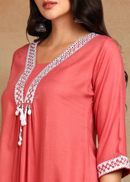 Peach Rayon Slub Kurti with White Embroidered Lace Detailing