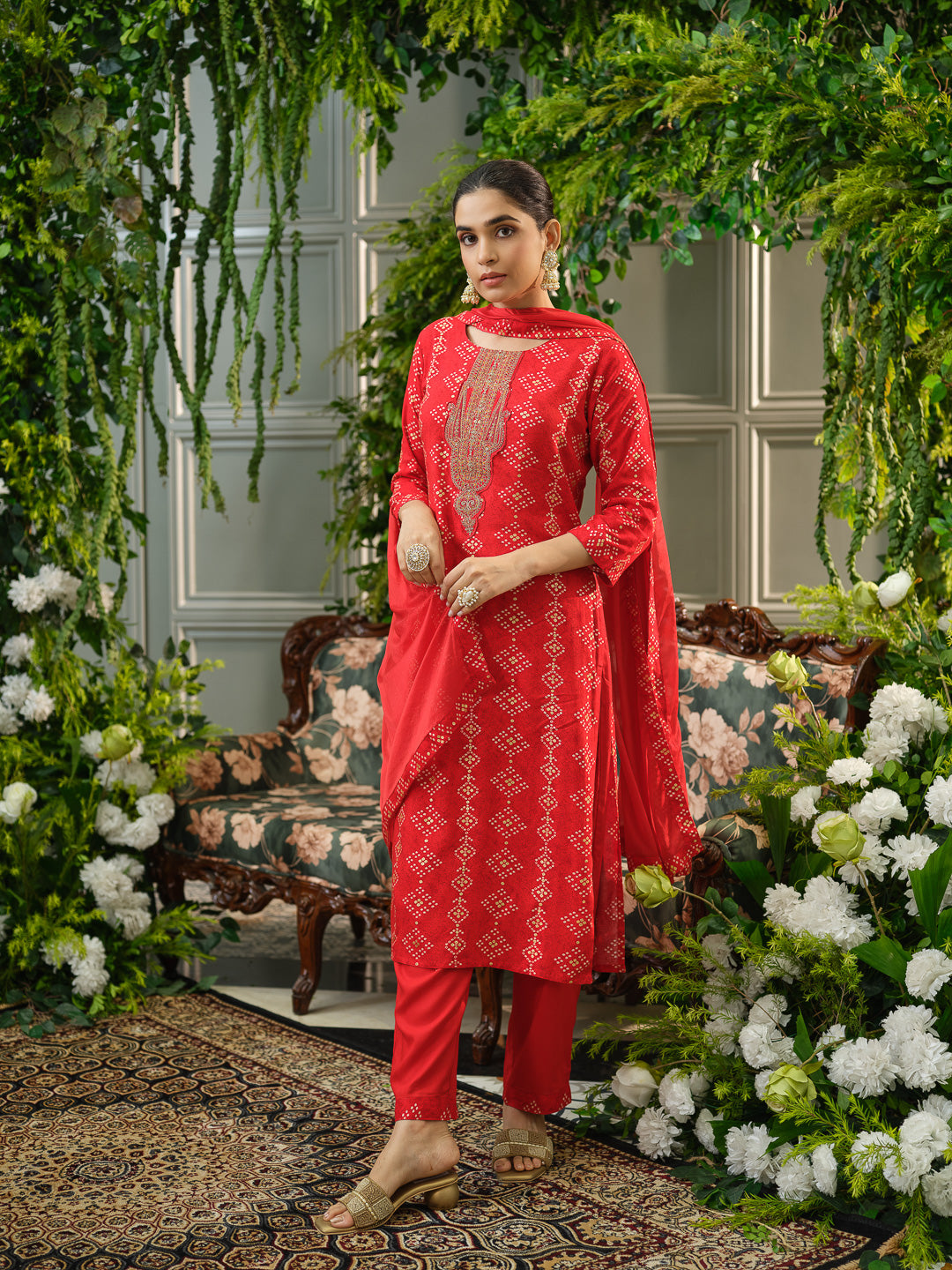 Red Embroidered Kurta Set with Matching Pants & Dupatta