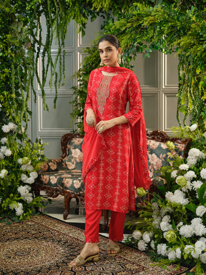 Red Embroidered Kurta Set with Matching Pants & Dupatta