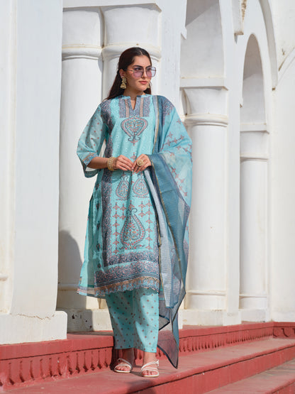 Printed Mandarin Collar Kurta & Trousers With Dupatta