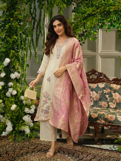 Off White Embroidered Kurta Set with Pastel Pink Dupatta