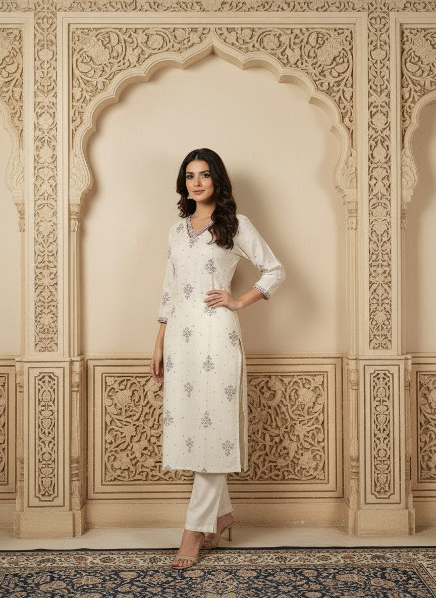 Printed Cotton V-Neck Calf Length Straight Kurta