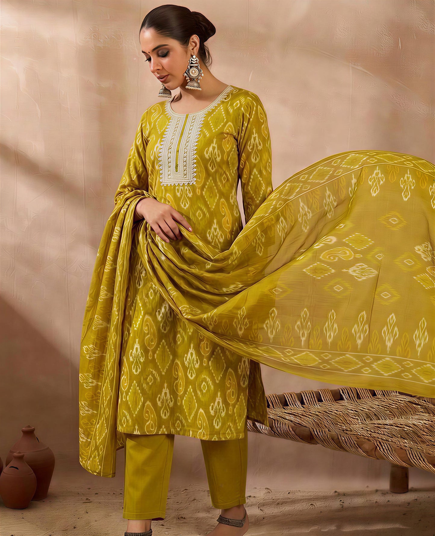 Green Embroidered A-Line Kurta Set with Round Neck, Three-Quarter Sleeves, Solid Trousers and Printed Dupatta for Women