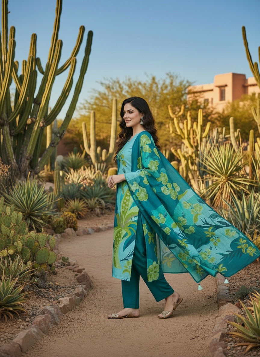 Printed V-Neck Kurta & Trousers Kurta Set