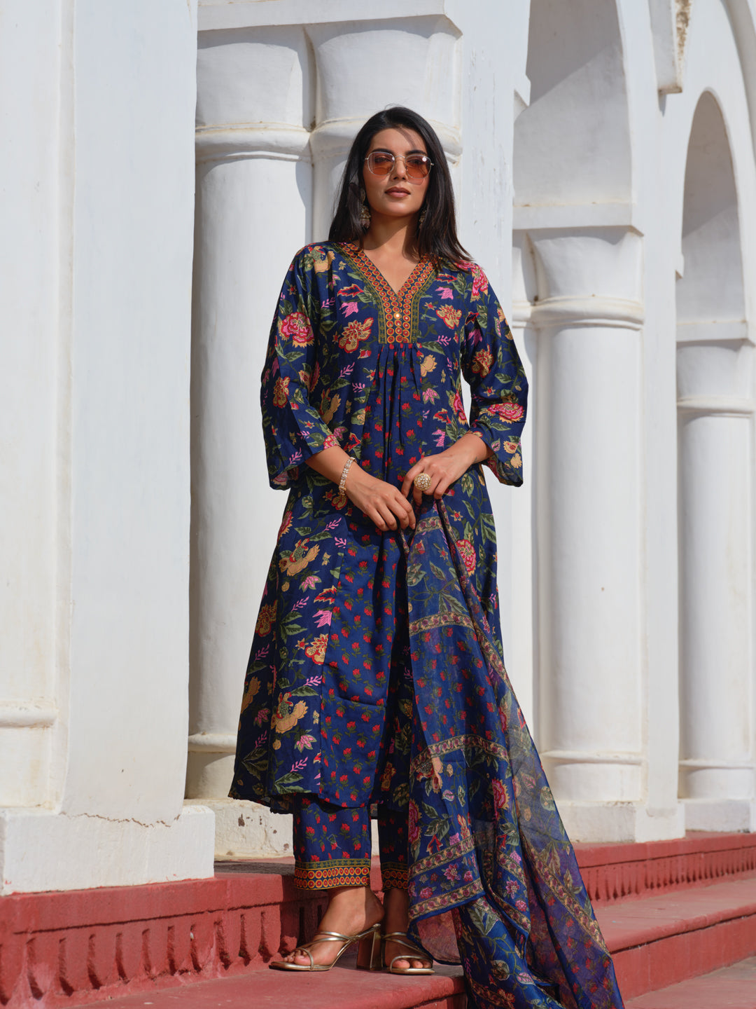 Printed V-Neck Kurta & Trousers With Dupatta