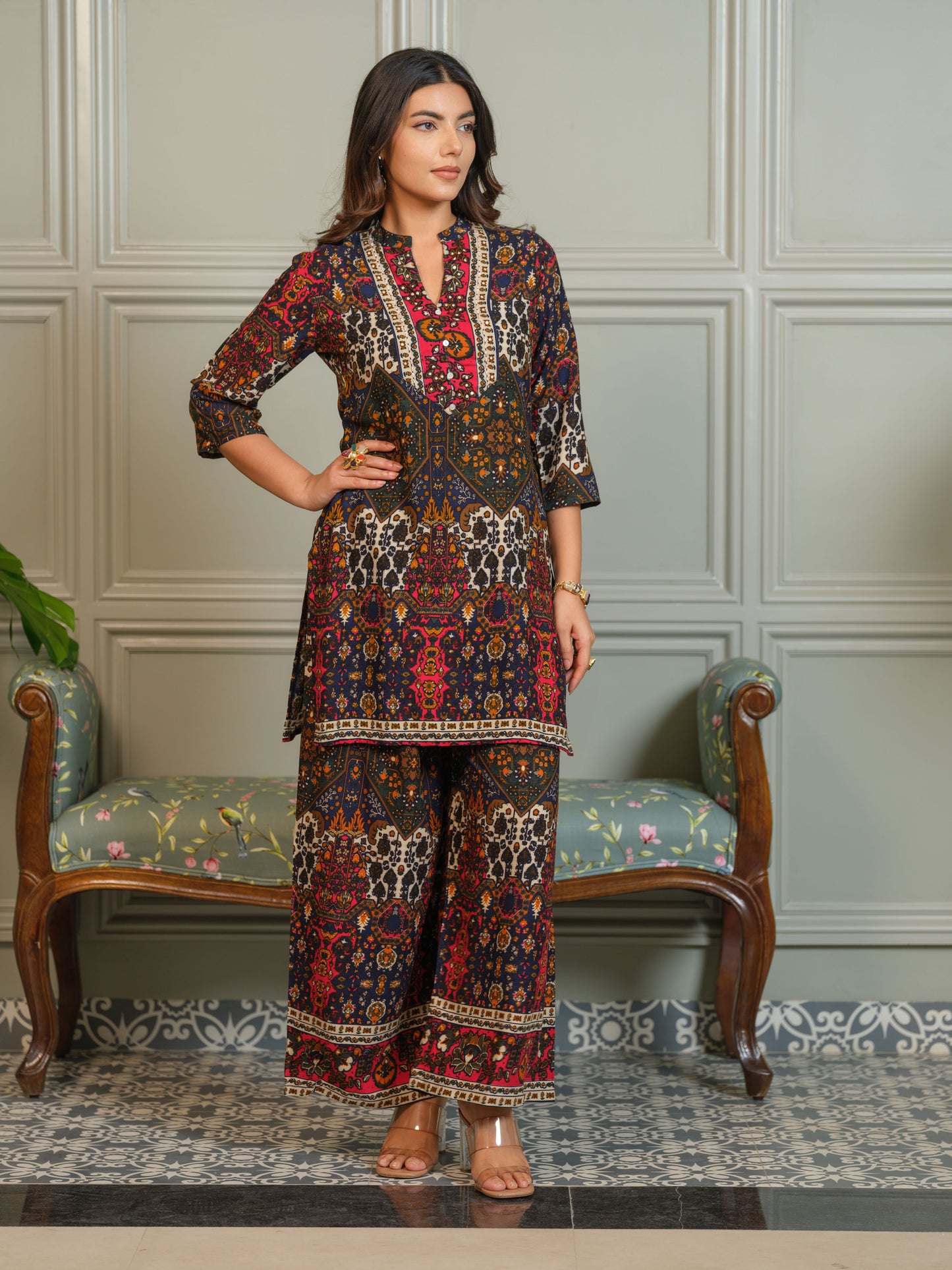 Printed Mandarin Collar Neck Top With Palazzos Co-Ords