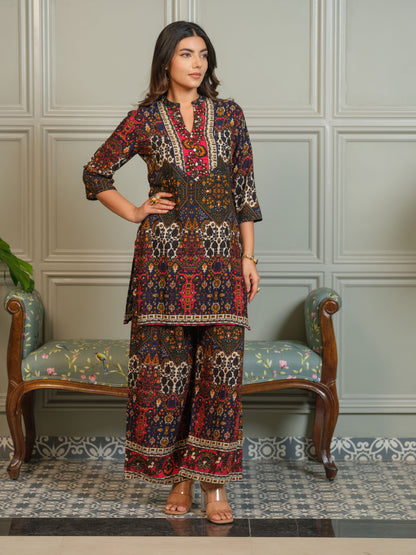 Printed Mandarin Collar Neck Top With Palazzos Co-Ords