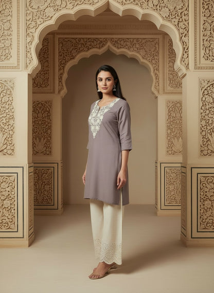 Floral Embroidered Notch Neck Straight Kurtis