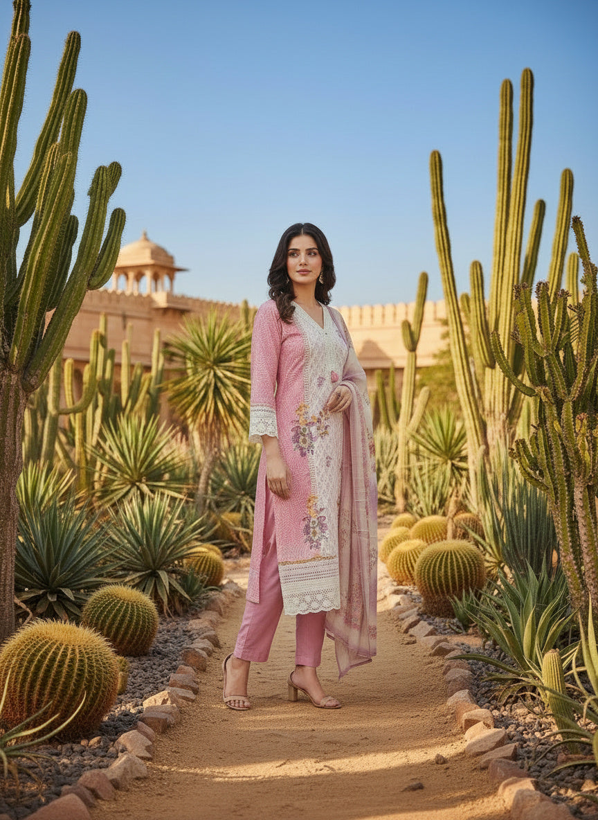 Printed Tissue V-Neck Kurta Trousers & Dupatta