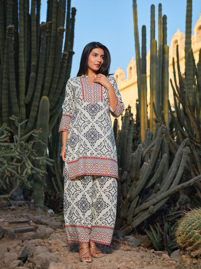 Printed Mandarin Collar Top & Palazzos Co-Ords