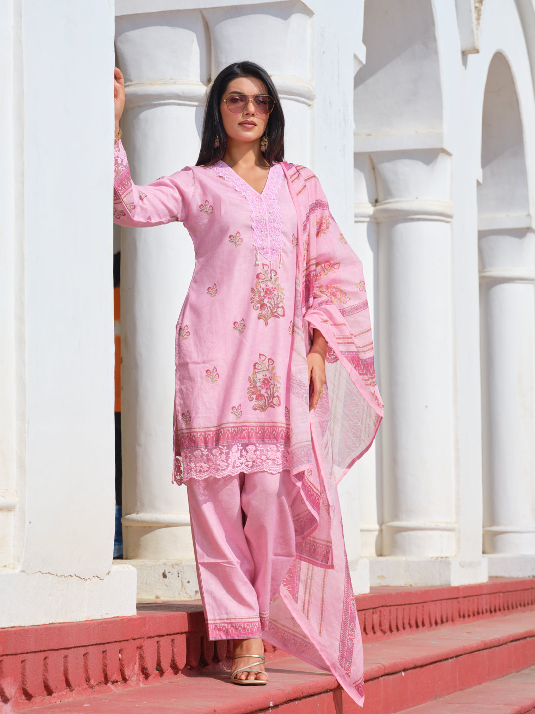 Powder Pink Linen Straight Kurta Set with Pearl Embellished Neckline