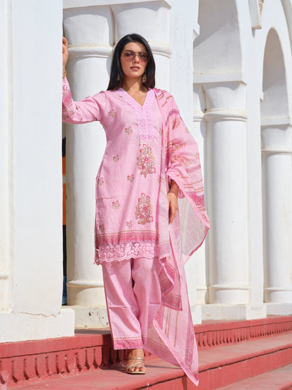 Powder Pink Linen Straight Kurta Set with Pearl Embellished Neckline