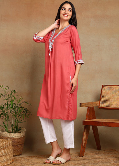Peach Rayon Slub Kurti with White Embroidered Lace Detailing
