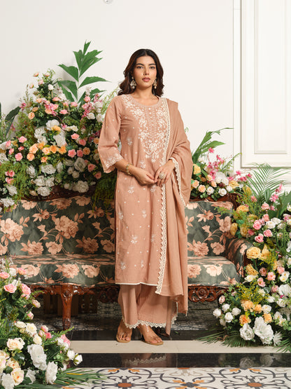 Printed Pure Cotton Kurta Set with Palazzo and Dupatta Straight Fit Long Kurta Calf Length Round Neck Slip On Casual Ethnic Wear
