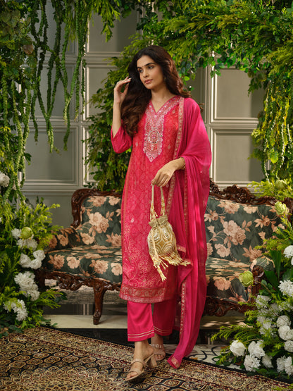 Women Printed Regular Mirror Work Straight Kurta With Trouser & Dupatta