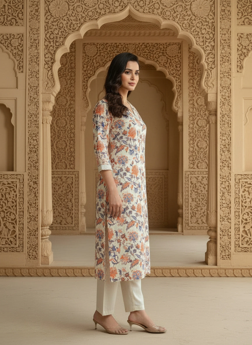 Printed Cotton V-Neck Calf Length Straight Kurta