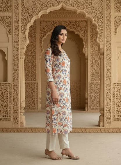 Printed Cotton V-Neck Calf Length Straight Kurta